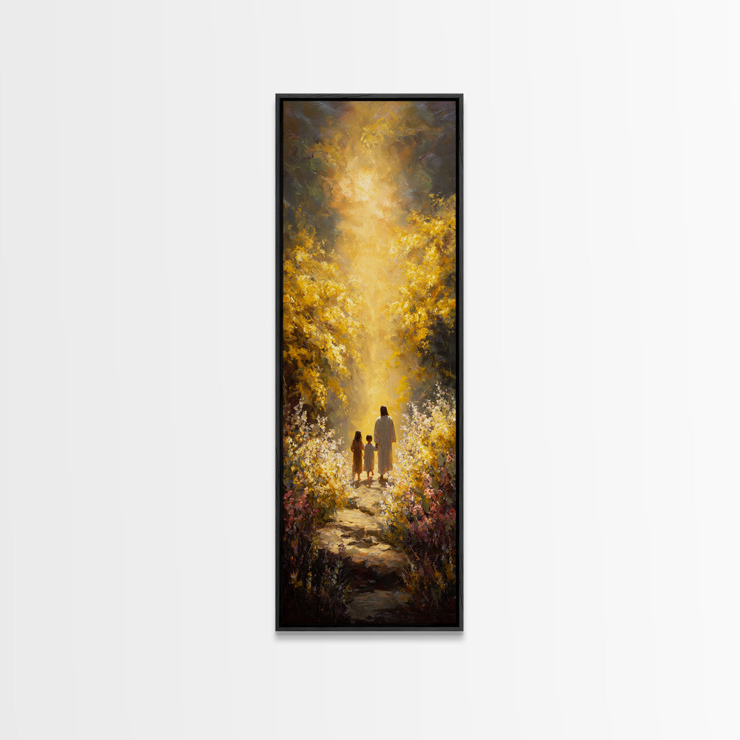 Golden Way Home – Framed Canvas Print – Narrow Art – Christian Christmas Art – Jesus Painting – Christian Wall Art – Christian Art Print