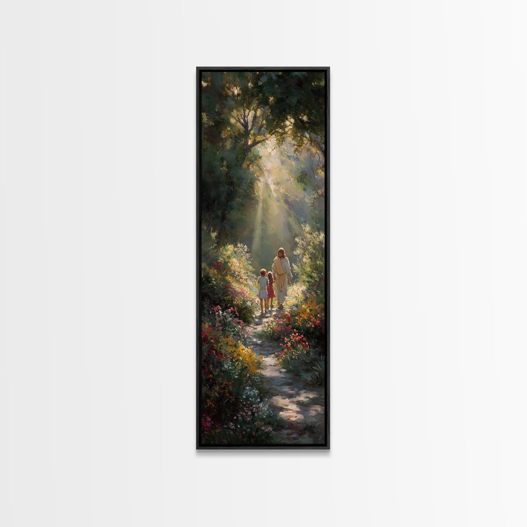 Radiant Garden Path – Framed Canvas Print | Tall Narrow Wall Art | Jesus Painting | Christian Art Canvas | Christian Decor | Christian Wall