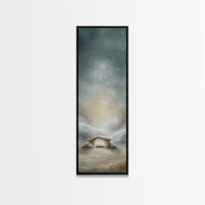 Winter Stable Hope – Framed Canvas Print – Christian Wall Art – Tall Narrow Wall Art – Christian Art Canvas – Jesus Painting – Christian Ch