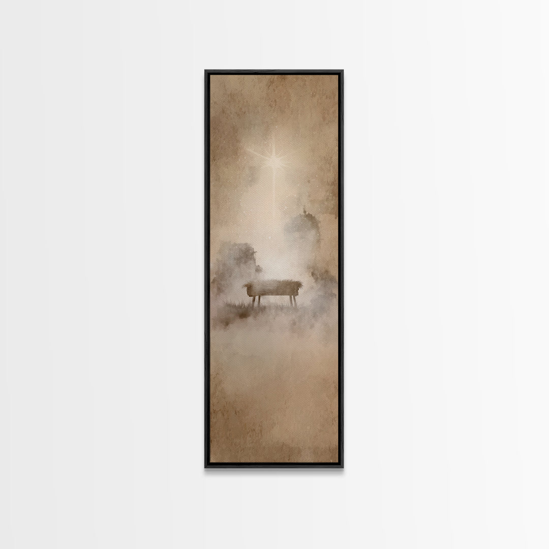 Manger Dawn Glow – Framed Canvas Print – Christian Christmas Art – Christian Wall Art – Narrow Art – Jesus Painting – Christian Art Canvas