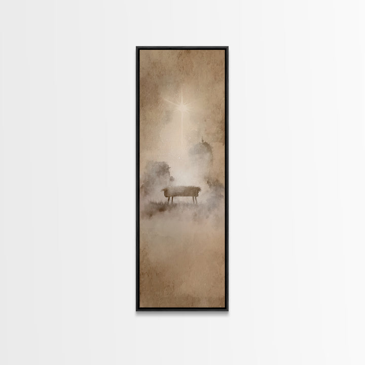 Manger Dawn Glow – Framed Canvas Print – Christian Christmas Art – Christian Wall Art – Narrow Art – Jesus Painting – Christian Art Canvas