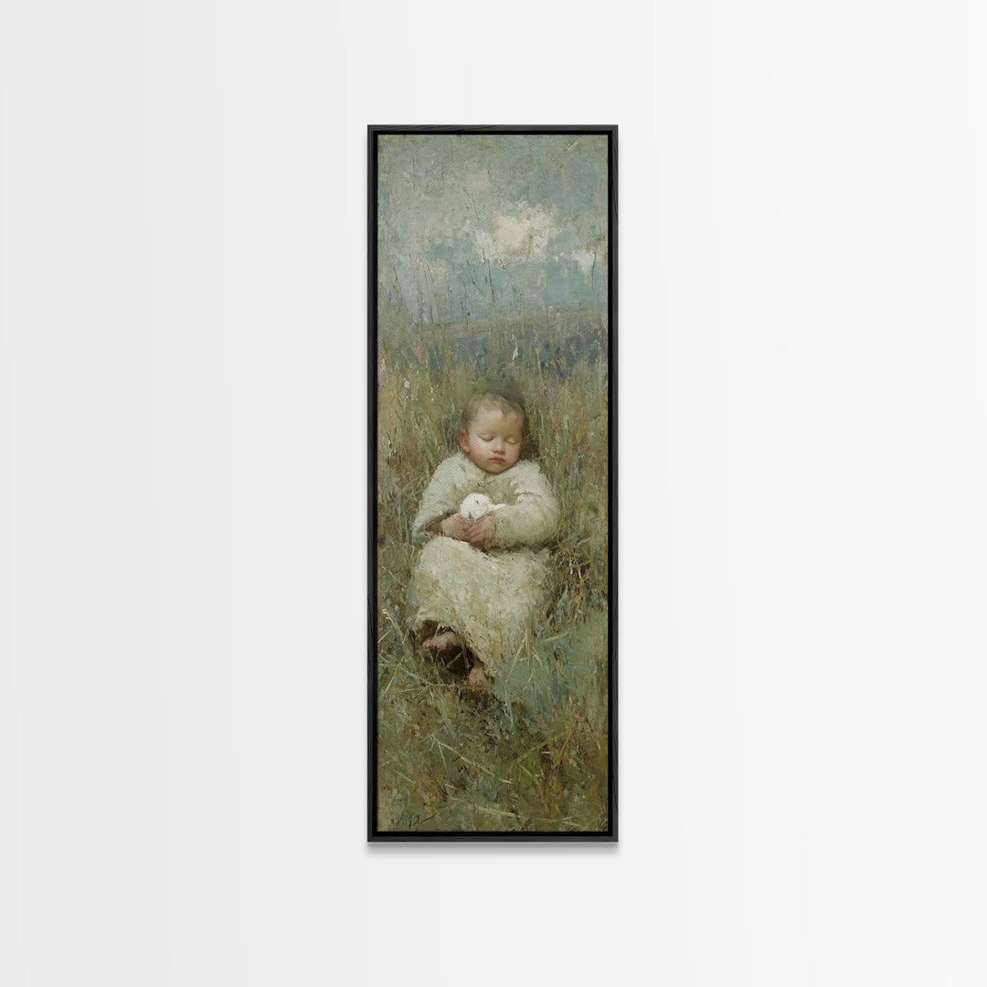 Divine Infant Calm, Framed Canvas Print, Christian Wall Art, Christian Art Canvas, Jesus Painting, Narrow Art