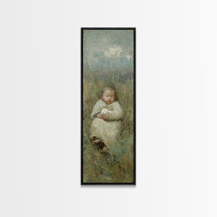 Divine Infant Calm, Framed Canvas Print, Christian Wall Art, Christian Art Canvas, Jesus Painting, Narrow Art