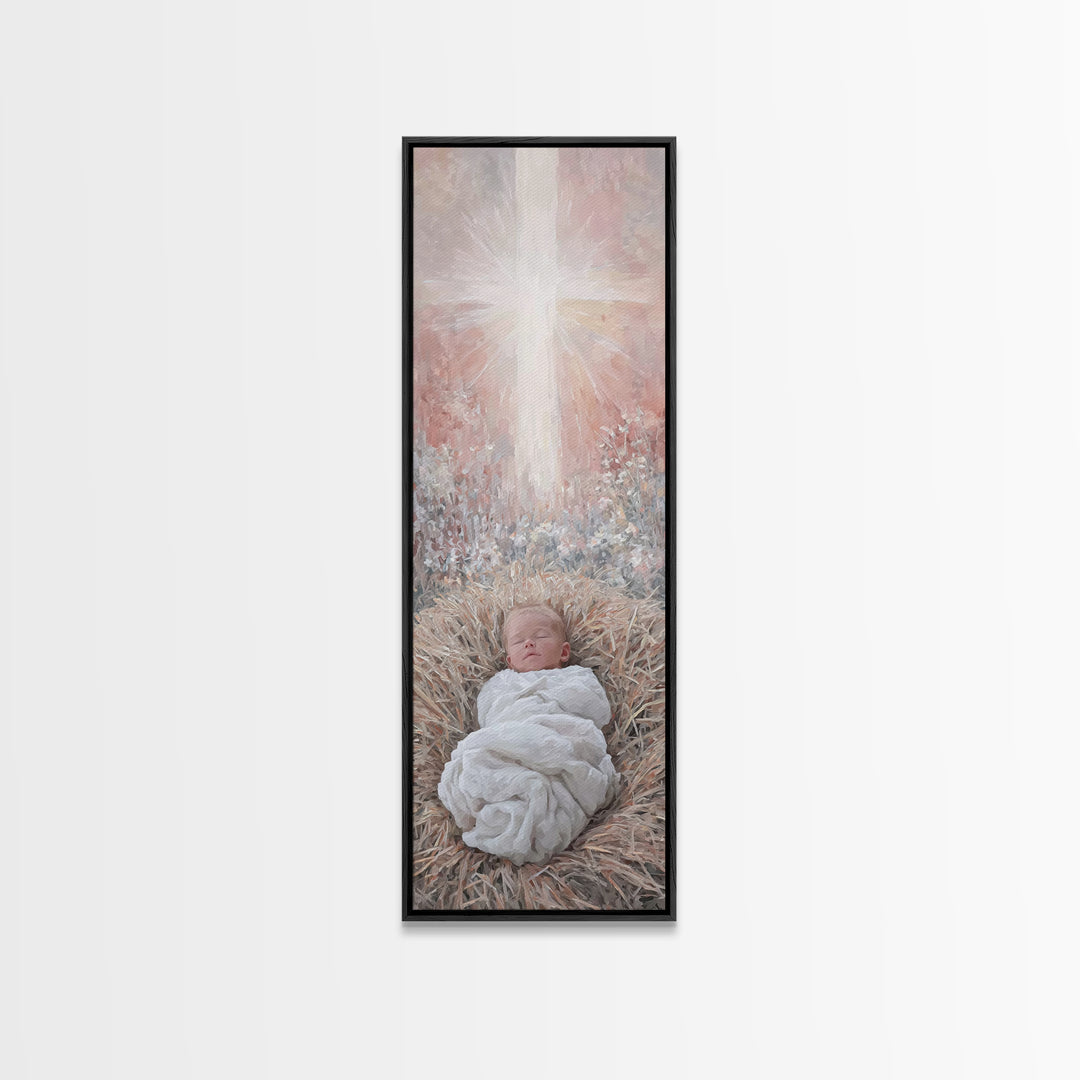 Sacred Manger Light | Framed Canvas Print | Christian Art Canvas | Christian Wall Art | Jesus Painting | Skinny Art