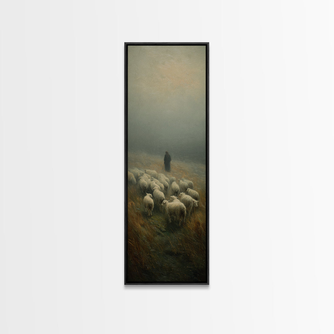 Misty Shepherd Peace, Framed Canvas Print, Christian Wall Art, Skinny Art, Jesus Painting, Christian Art Canvas, Christmas Art, Christian D