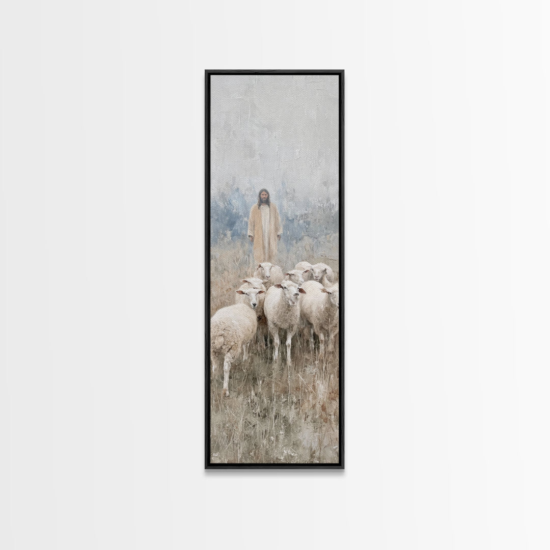 Shepherd’s Calm Journey | Framed Canvas Print | Christian Art Canvas | Tall Skinny Art Print | Jesus Painting | Christian Christmas Art | C