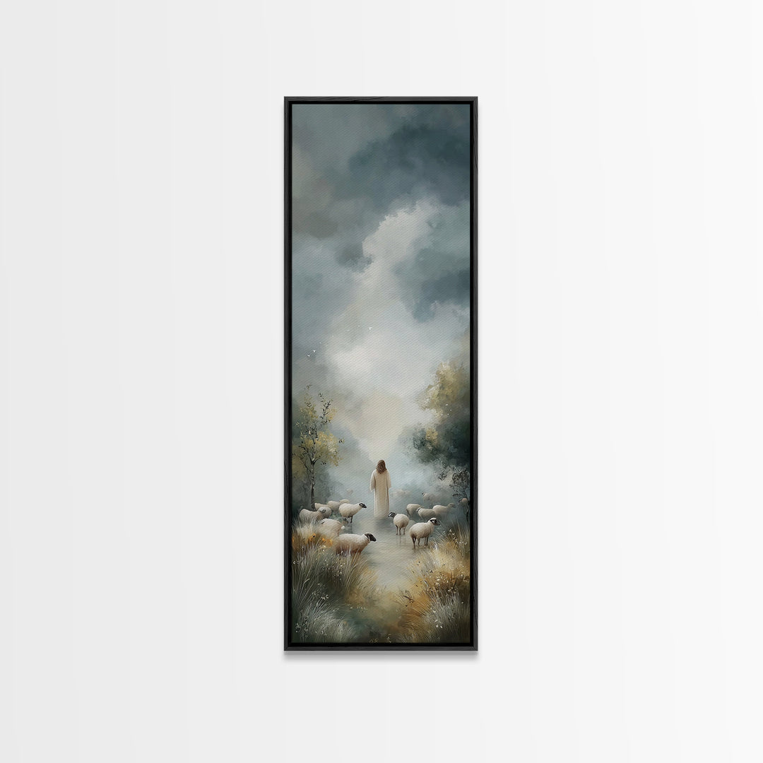 Cloudbound Shepherd – Framed Canvas Print – Christian Wall Art – Jesus Painting – Christian Art Canvas – Tall Skinny Art Print – Christian