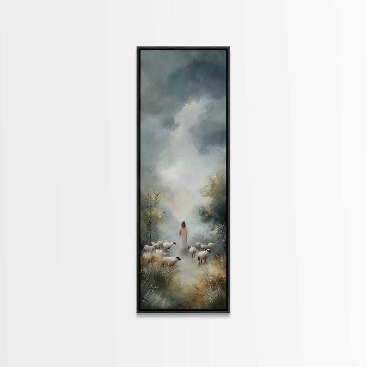 Cloudbound Shepherd – Framed Canvas Print – Christian Wall Art – Jesus Painting – Christian Art Canvas – Tall Skinny Art Print – Christian