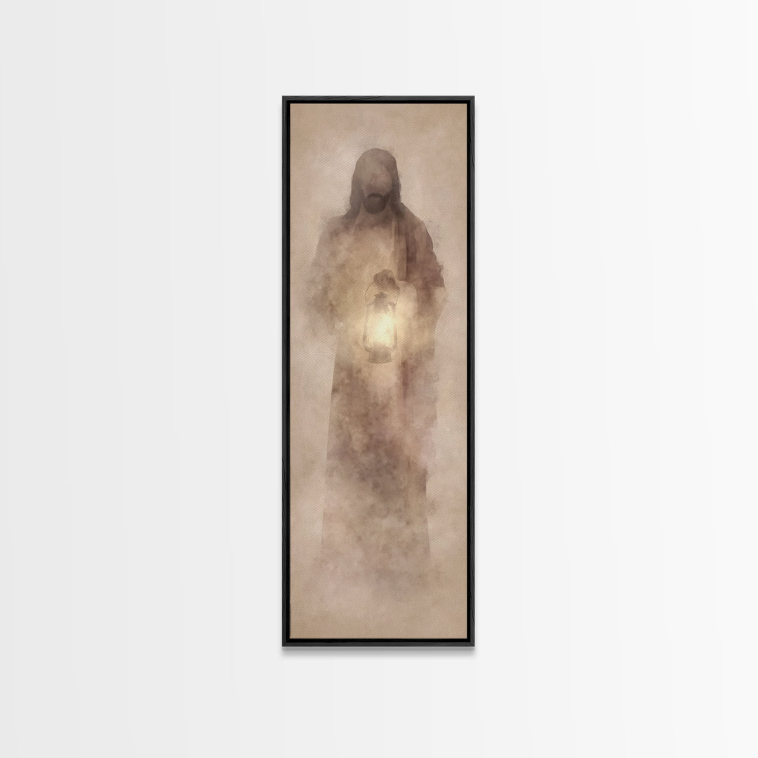 Soft Dawn Presence – Framed Canvas Print – Skinny Art – Christian Art Canvas – Christian Wall Art – Jesus Painting – Narrow Art – Modern Ch