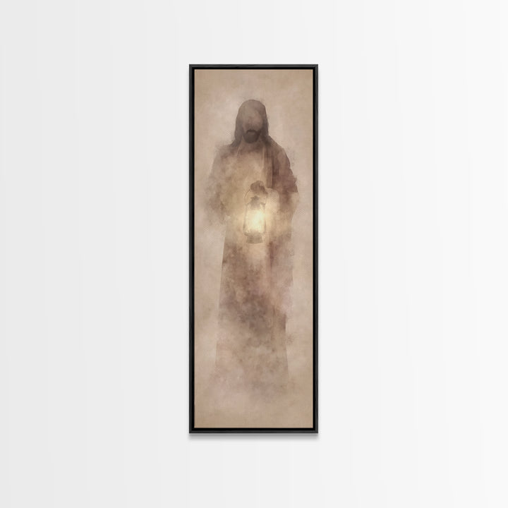 Soft Dawn Presence – Framed Canvas Print – Skinny Art – Christian Art Canvas – Christian Wall Art – Jesus Painting – Narrow Art – Modern Ch