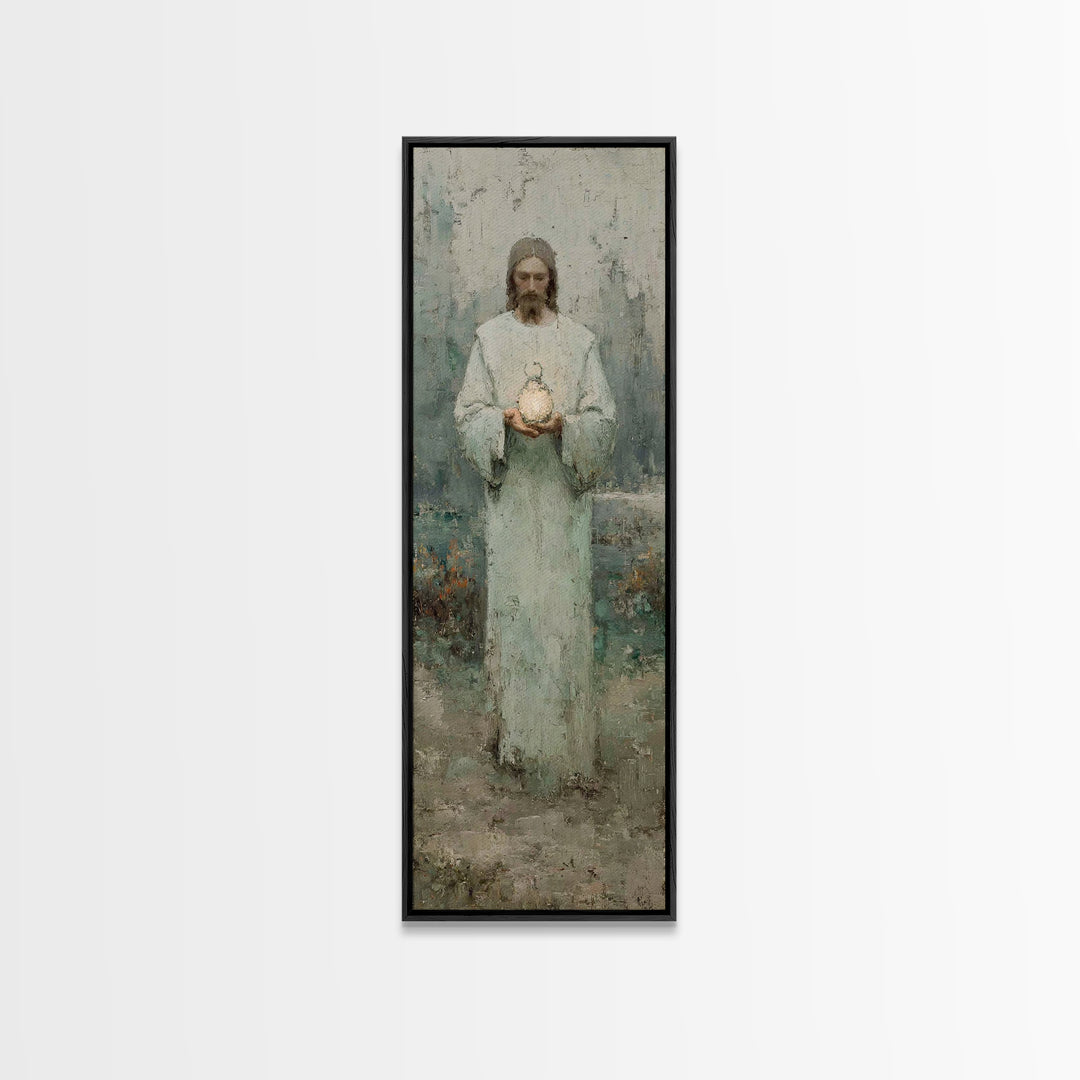 Hushed Lantern Grace – Framed Canvas Print – Narrow Art – Christian Wall Art – Christian Art Canvas – Jesus Painting – Skinny Art – Large C