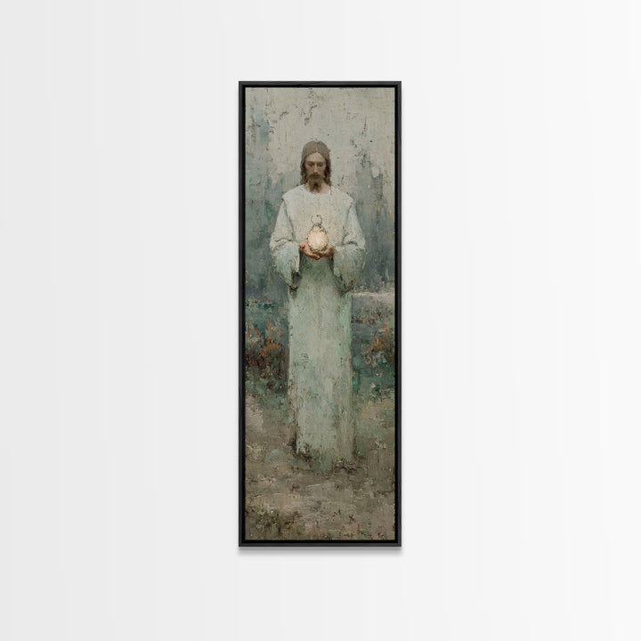 Hushed Lantern Grace – Framed Canvas Print – Narrow Art – Christian Wall Art – Christian Art Canvas – Jesus Painting – Skinny Art – Large C