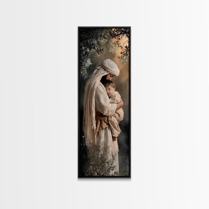 Shepherd’s Quiet Hold | Framed Canvas Print | Christian Wall Art | Jesus Painting | Christian Art Print | Tall Skinny Art Print | Christian