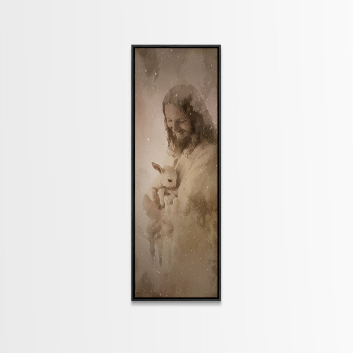 Shepherd’s Embrace – Framed Canvas Print – Christian Wall Art – Jesus Painting – Christian Art Canvas – Narrow Art – Christmas Art Prints