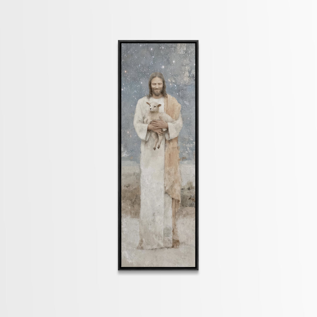 Gentle Shepherd Light – Framed Canvas Print – Christian Wall Art – Jesus Painting – Tall Narrow Wall Art – Christian Art Canvas