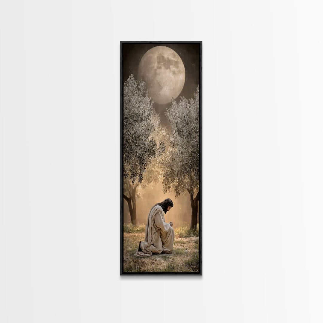 Moonlit Garden Prayer – Framed Canvas Print – Christian Wall Art – Jesus Painting – Tall Narrow Wall Art – Christian Art Canvas
