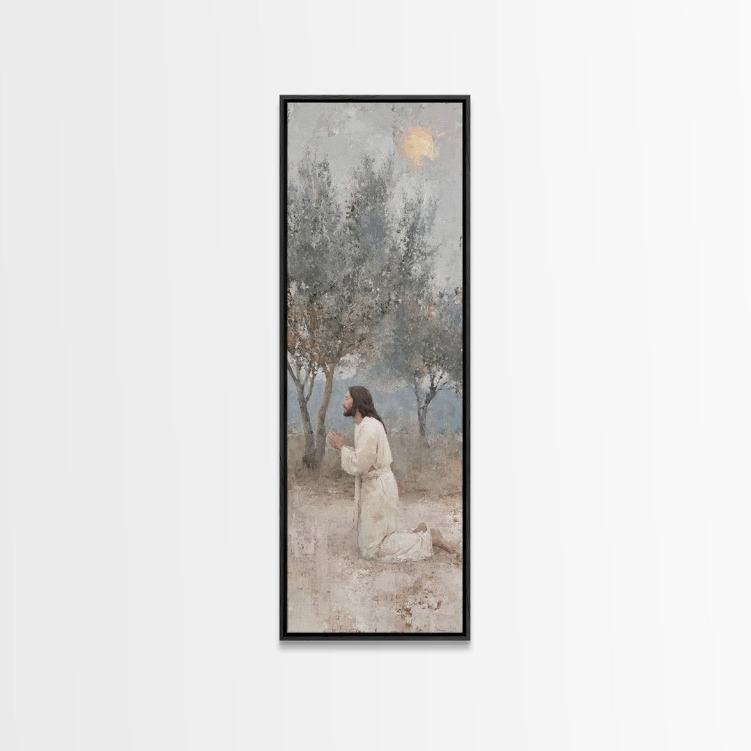 Quiet Olive Devotion – Framed Canvas Print – Christian Art Canvas – Christian Wall Art – Skinny Art – Jesus Painting