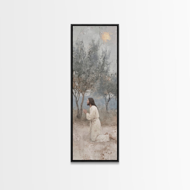 Quiet Olive Devotion – Framed Canvas Print – Christian Art Canvas – Christian Wall Art – Skinny Art – Jesus Painting