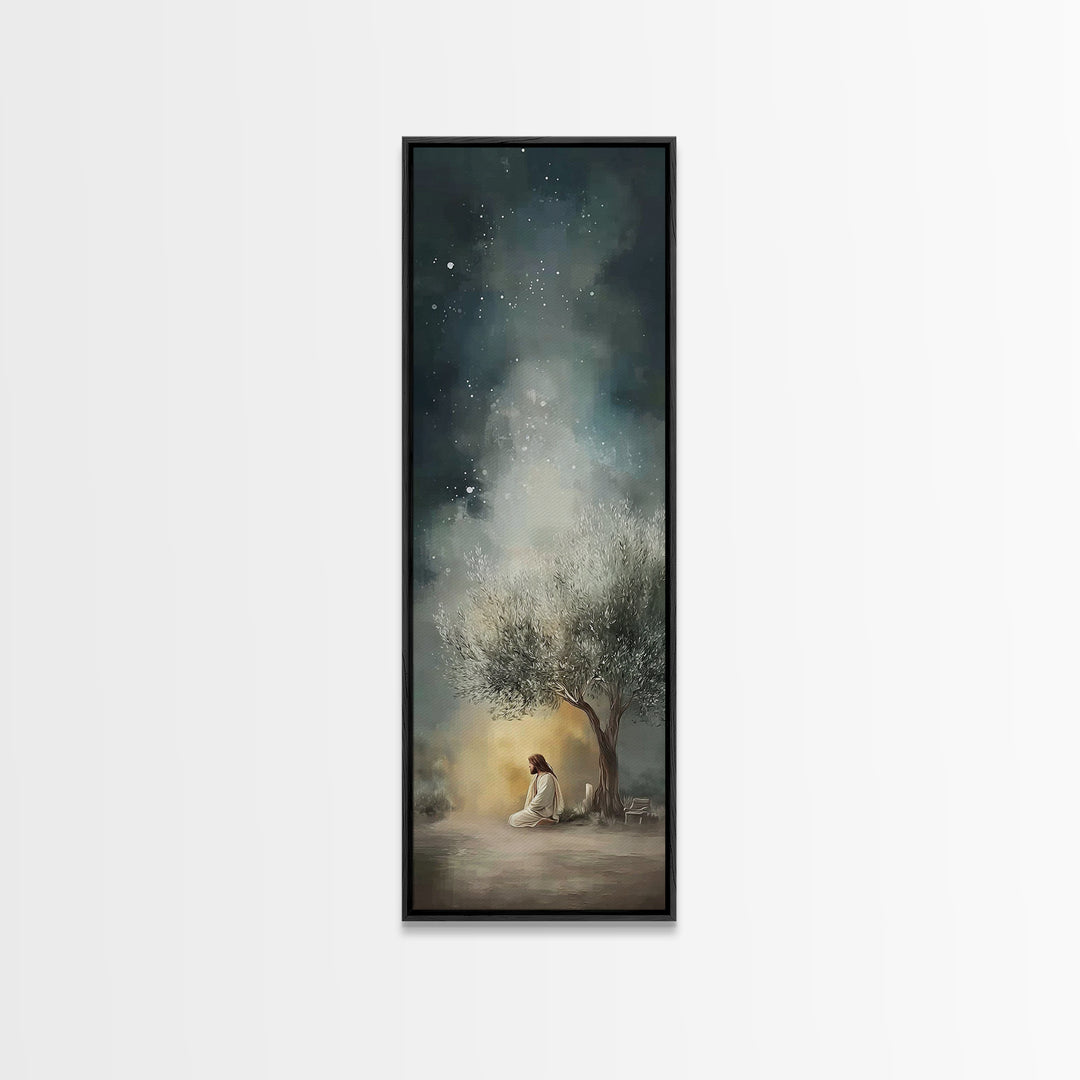 Night Of Stillness – Framed Canvas Print – Christian Art Print – Jesus Painting – Narrow Art – Modern Christian Art