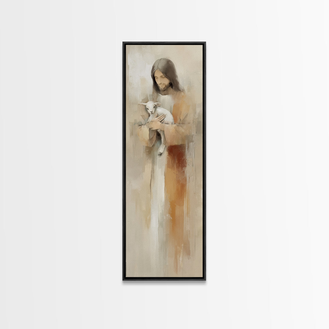 Gentle Shepherd Care – Framed Canvas Print – Jesus Painting – Christian Art – Tall Skinny Art Print – Christian Wall Art – Christmas Art