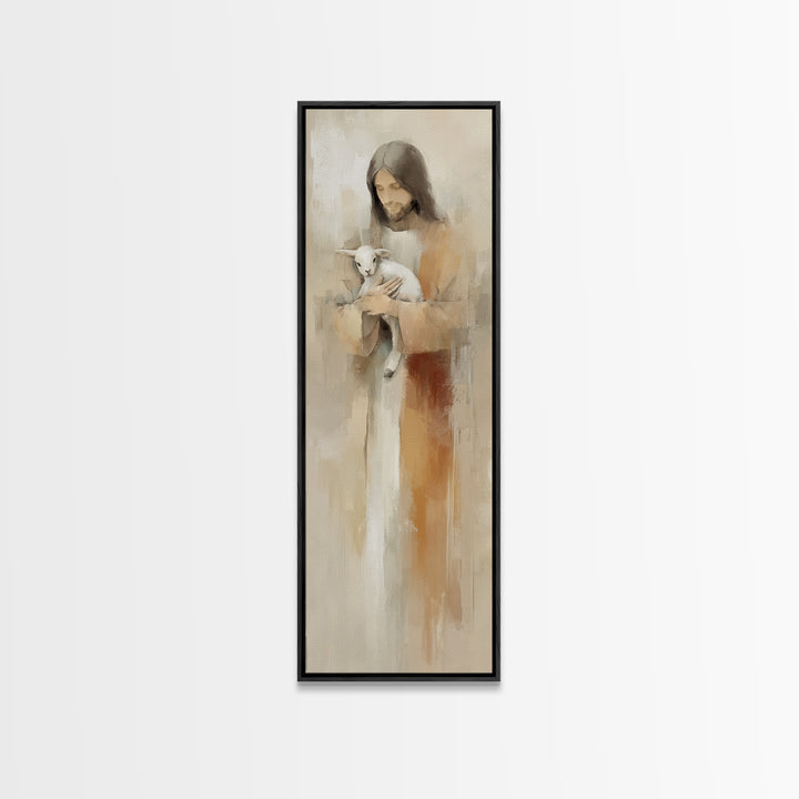 Gentle Shepherd Care – Framed Canvas Print – Jesus Painting – Christian Art – Tall Skinny Art Print – Christian Wall Art – Christmas Art