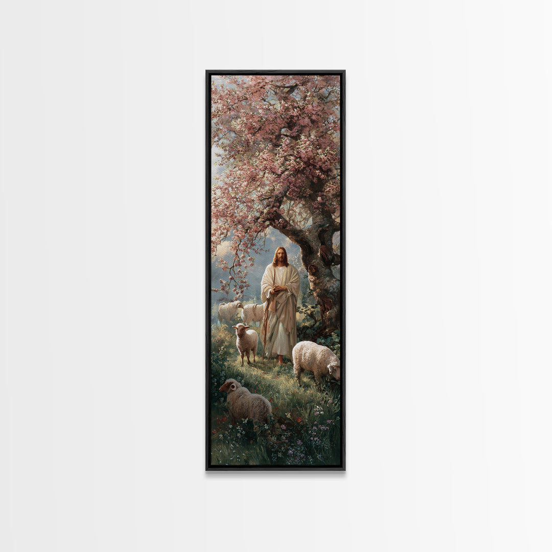 Blossom Shepherd Path – Framed Canvas Print – Narrow Art – Christian Art Canvas – Jesus Painting – Christian Wall Art – Christian Christmas