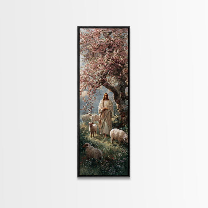 Blossom Shepherd Path – Framed Canvas Print – Narrow Art – Christian Art Canvas – Jesus Painting – Christian Wall Art – Christian Christmas