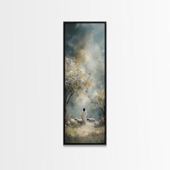 Pastoral Dawn Walk – Framed Canvas Print – Tall Skinny Art Print – Christian Wall Art – Christian Art Canvas – Jesus Painting – Christian C