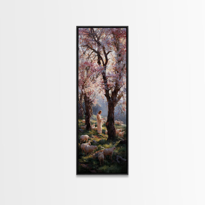 Spring Shepherd Grace – Framed Canvas Print – Tall Narrow Wall Art – Christian Art Canvas – Christian Wall Art – Jesus Painting – Christian
