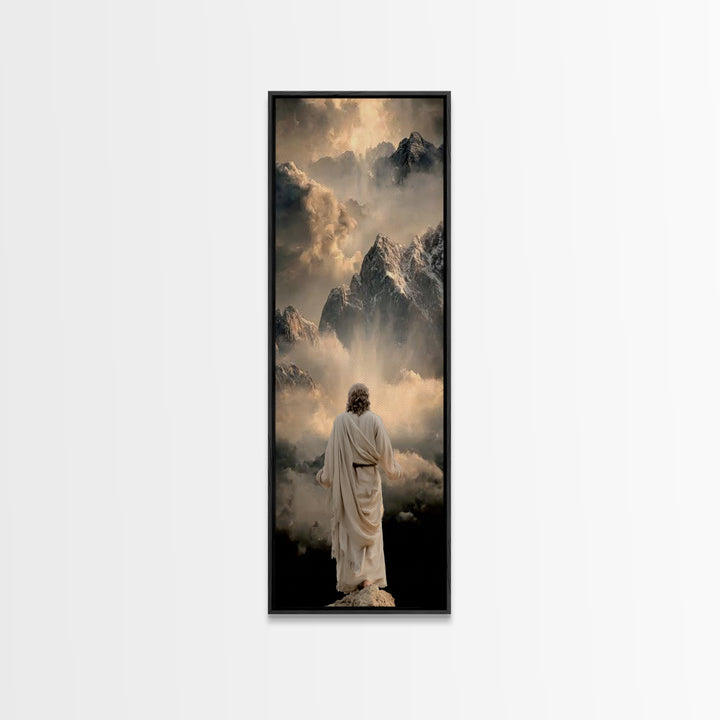 Sacred Summit Calm, Framed Canvas Print, Tall Skinny Art Print, Christian Wall Art, Christian Art Canvas, Jesus Painting, Christmas Art