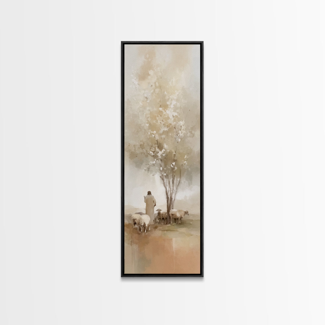 Quiet Pasture Blessing – Framed Canvas Print – Christian Art – Jesus Painting – Christian Wall Art – Narrow Art – Christian Christmas Art