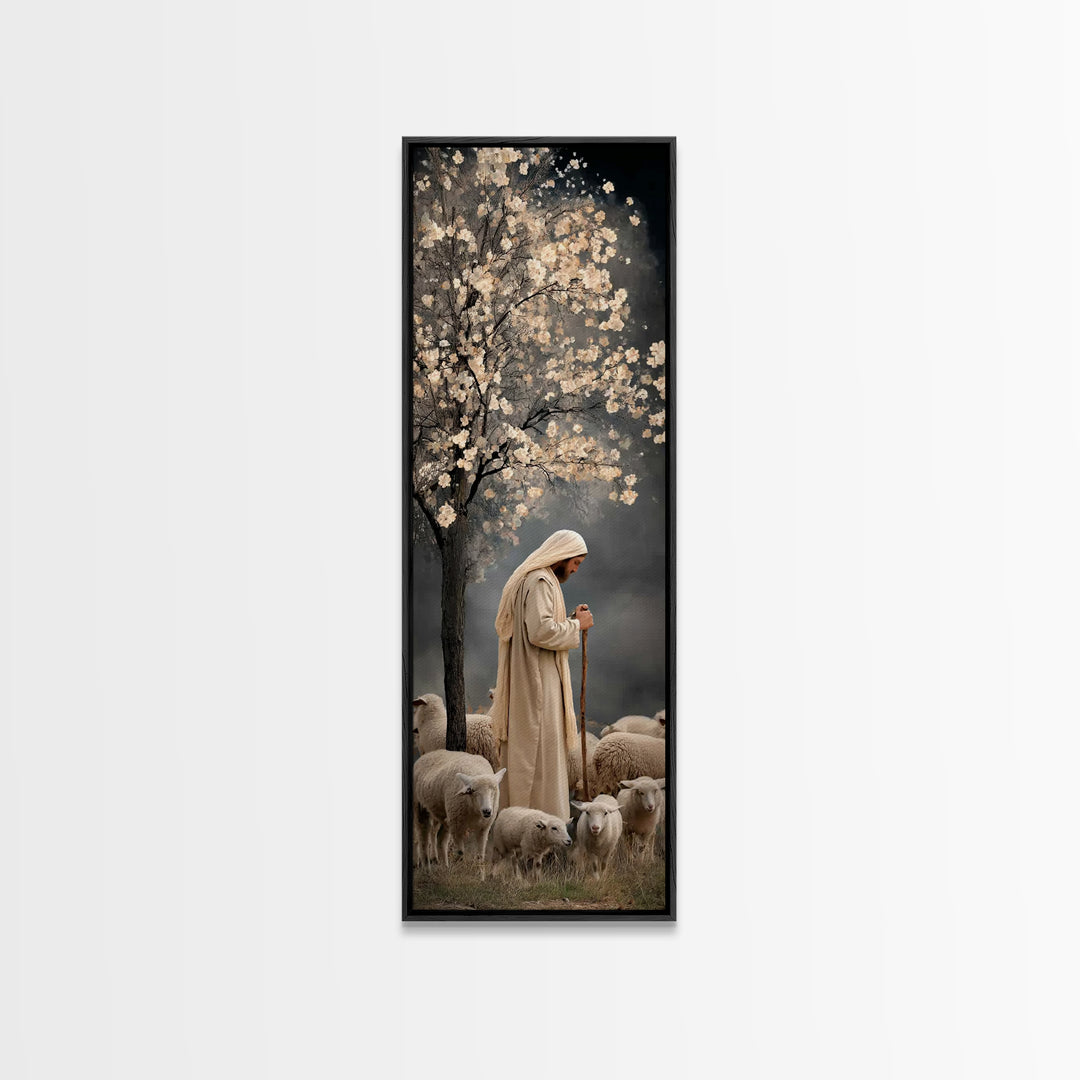 Night Shepherd Grace – Framed Canvas Print – Christian Wall Art – Christian Art – Jesus Painting – Christian Art Canvas – Skinny Art