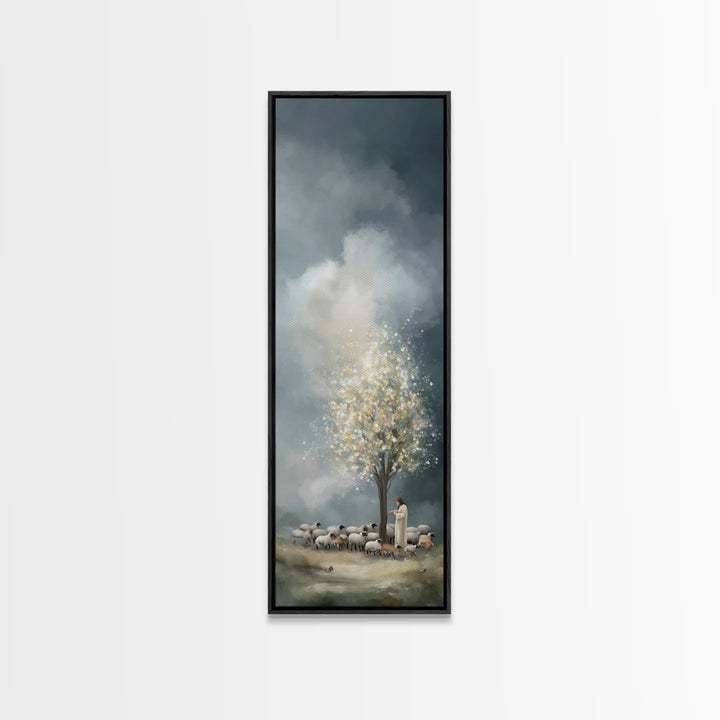 Golden Pasture Peace - Framed Canvas Print - Christian Wall Art - Jesus Painting - Narrow Art - Christian Art Canvas