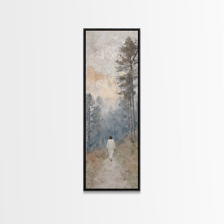 Forest Dawn Walk - Framed Canvas Print - Christian Art Canvas - Jesus Painting - Tall Skinny Art Print - Christian Wall Art