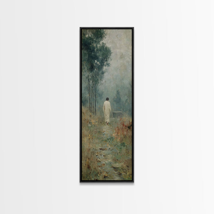 Quiet Meadow Walk, Framed Canvas Print, Christian Wall Art, Jesus Painting, Tall Skinny Art Print, Christian Art Canvas
