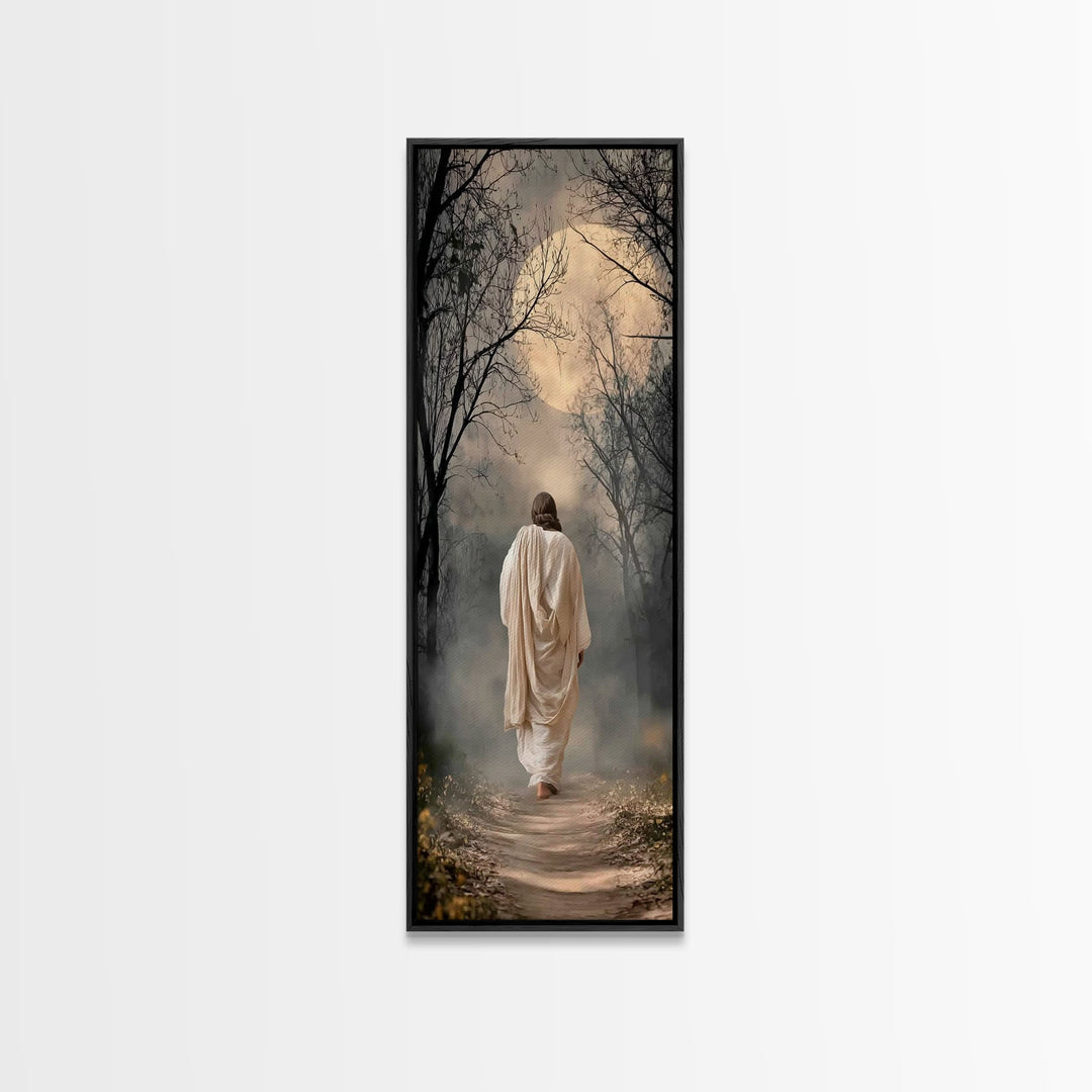 Moonlit Savior Path - Framed Canvas Print - Christian Wall Art - Jesus Painting - Tall Narrow Wall Art - Christian Art Canvas