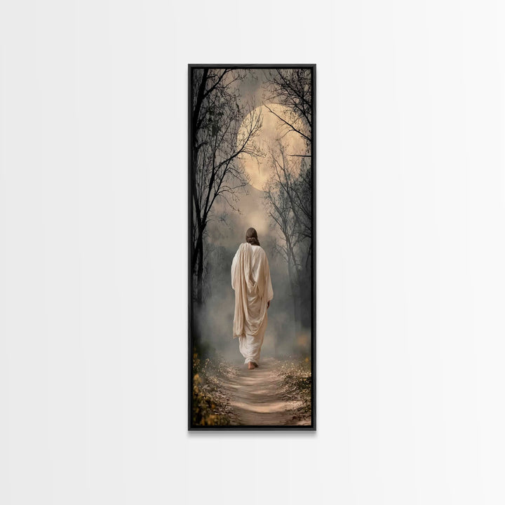 Moonlit Savior Path - Framed Canvas Print - Christian Wall Art - Jesus Painting - Tall Narrow Wall Art - Christian Art Canvas