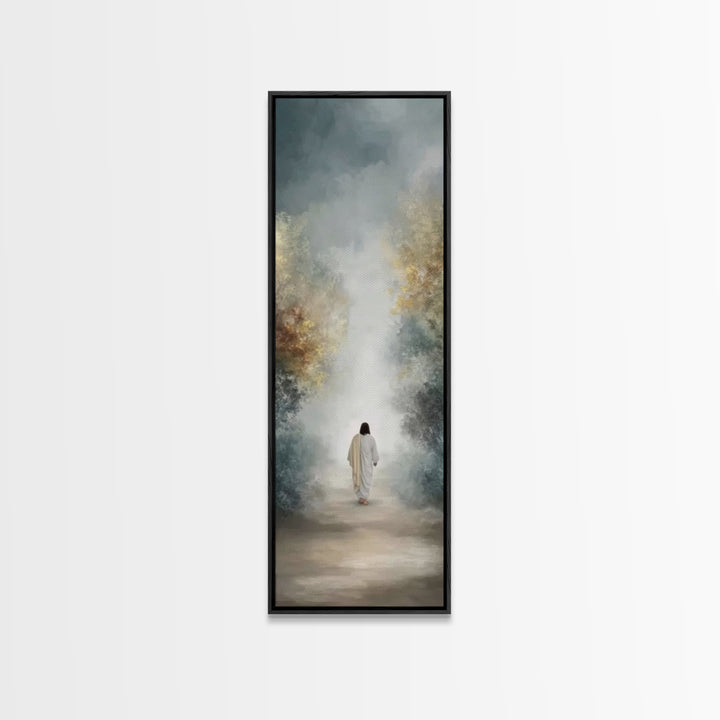 Soft Dawn Passage, Framed Canvas Print, Christian Wall Art, Jesus Painting, Tall Narrow Wall Art, Christian Art Canvas