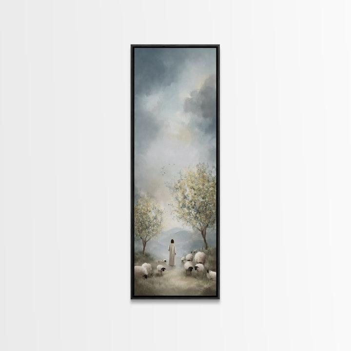 Peaceful Pasture Light – Framed Canvas Print – Tall Skinny Art Print – Christian Art Canvas – Christian Wall Art – Jesus Painting – Christi