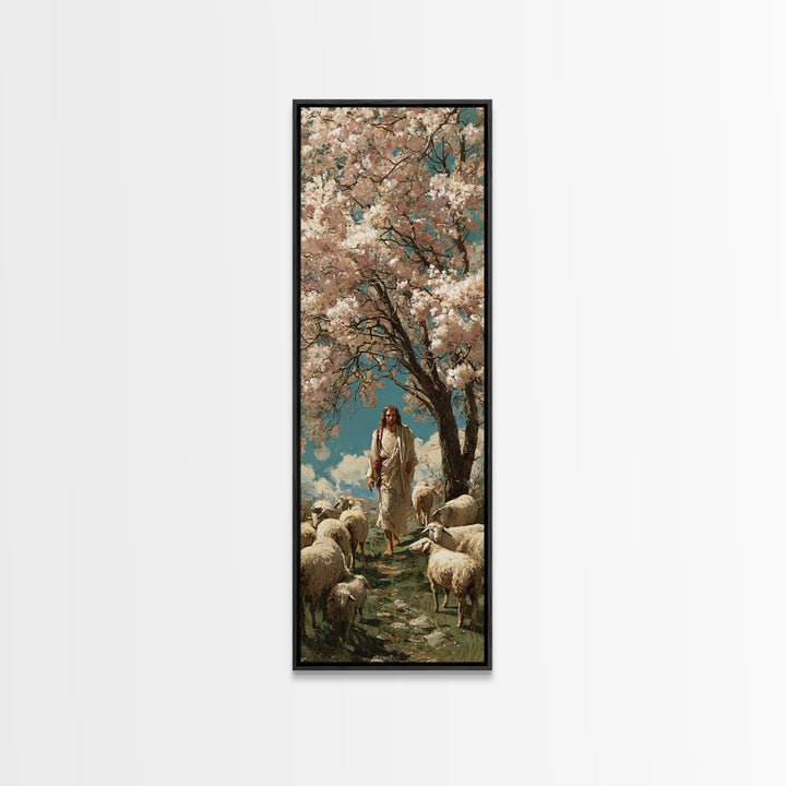 Garden Of The Shepherd – Framed Canvas Print – Narrow Art – Jesus Painting – Christian Wall Art – Christian Art Canvas – Christian Art