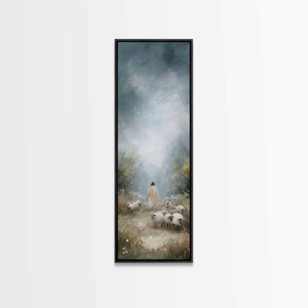 Heavenly Pasture Light, Framed Canvas Print, Tall Skinny Art Print, Christian Art Canvas, Christian Wall Art, Jesus Painting, Christmas Art