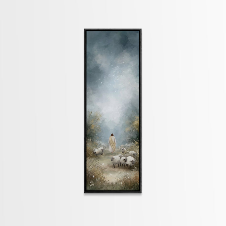 Heavenly Pasture Light, Framed Canvas Print, Tall Skinny Art Print, Christian Art Canvas, Christian Wall Art, Jesus Painting, Christmas Art
