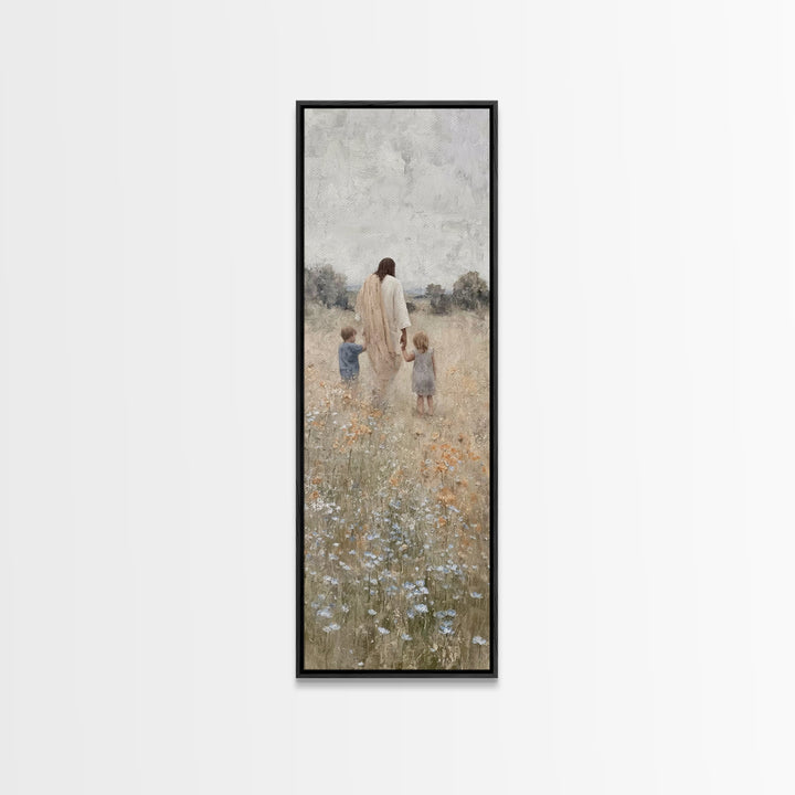 The Meadow Shepherd's Peace - Framed Canvas Print - Tall Narrow Wall Art - Christian Wall Art - Jesus Painting - Christian Art Canvas
