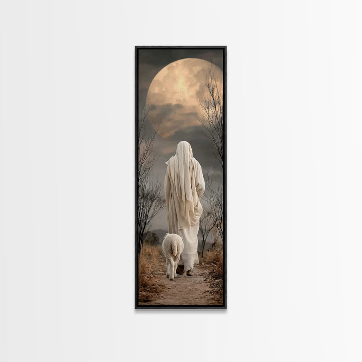 Moonlit Shepherd Peace | Framed Canvas Print | Christian Wall Art | Christian Art Canvas | Jesus Painting | Christian Decor | Tall Narrow W