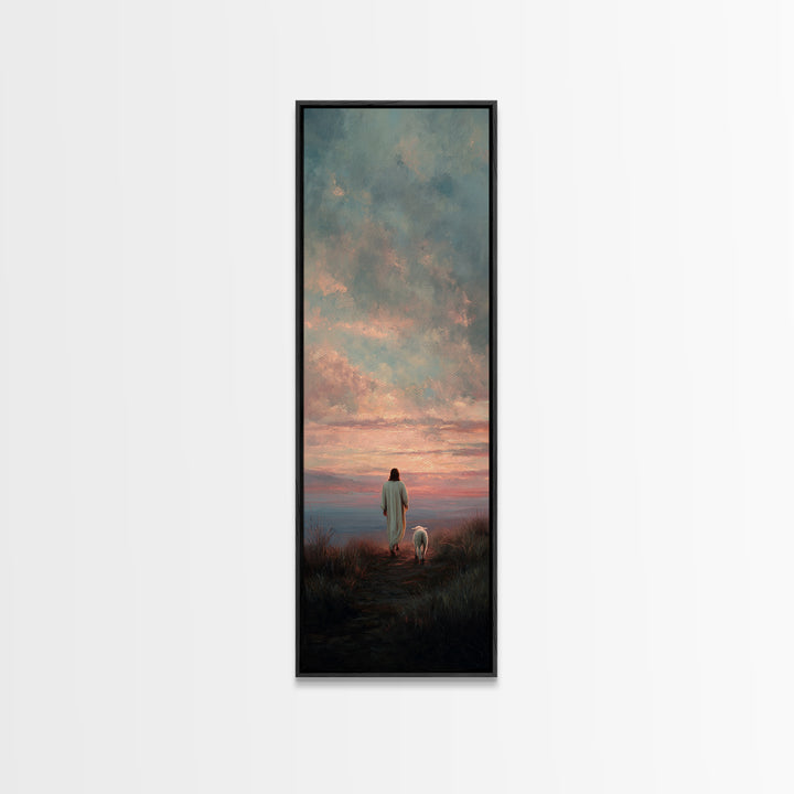 Crimson Dawn Journey | Framed Canvas Print | Christian Art Canvas | Jesus Painting | Christian Wall Art | Christian Christmas Art | Tall Sk