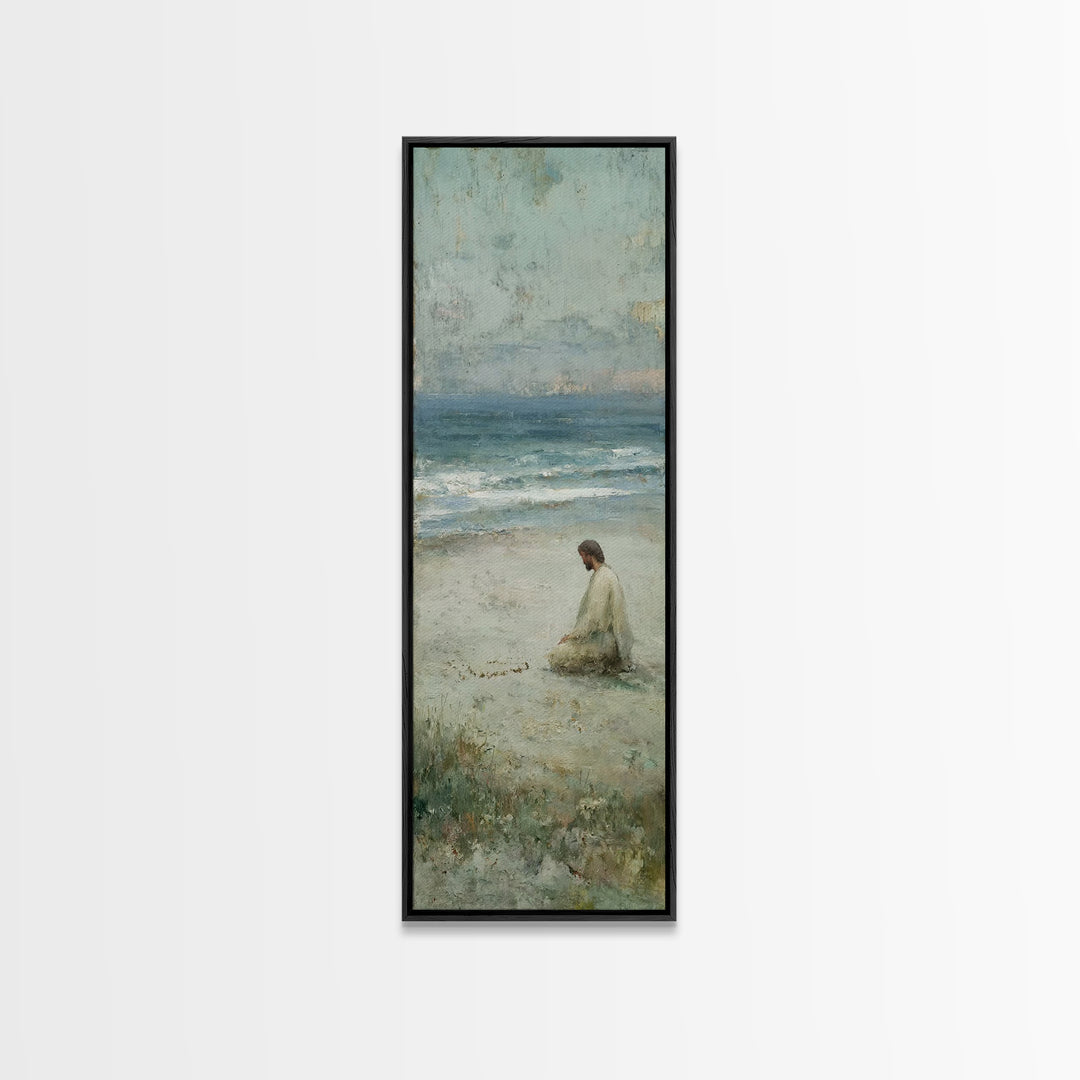 Sacred Shoreline Light - Framed Canvas Print - Tall Skinny Art Print - Christian Art Canvas - Jesus Painting - Christian Wall Art - Faith A