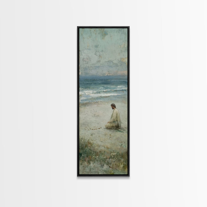 Sacred Shoreline Light - Framed Canvas Print - Tall Skinny Art Print - Christian Art Canvas - Jesus Painting - Christian Wall Art - Faith A