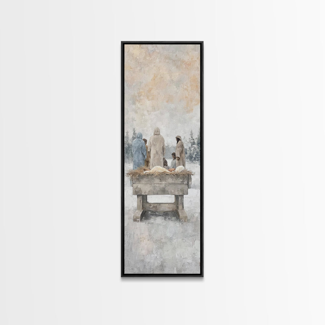 Winter Manger Gathering – Framed Canvas Print – Tall Skinny Art Print – Christian Wall Art – Jesus Painting – Christmas Art – Christian Dec