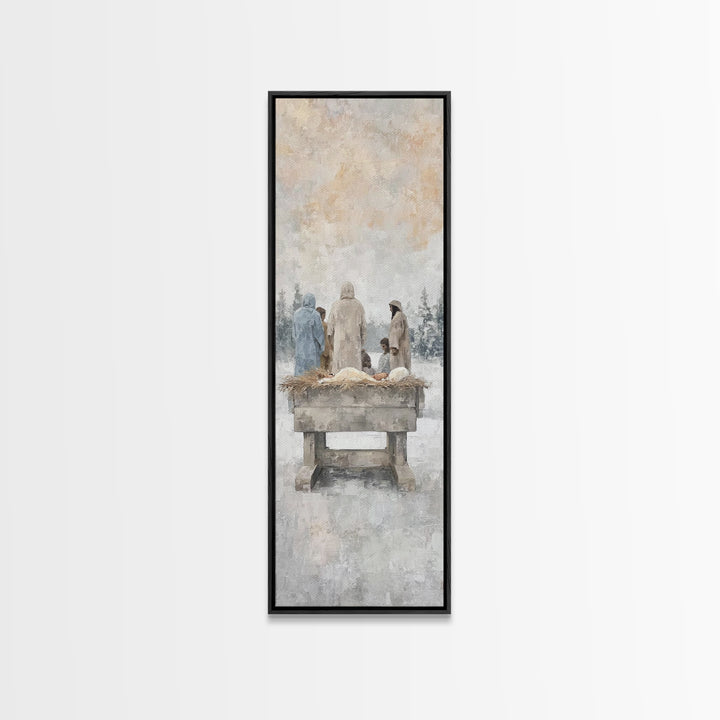 Winter Manger Gathering – Framed Canvas Print – Tall Skinny Art Print – Christian Wall Art – Jesus Painting – Christmas Art – Christian Dec