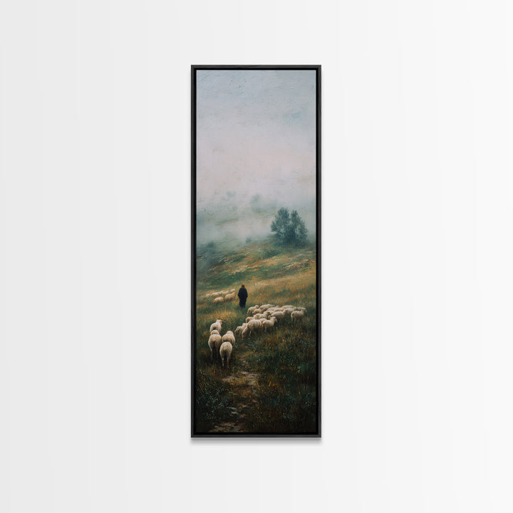 Morning Shepherd Path – Framed Canvas Print – Tall Narrow Wall Art – Christian Art – Jesus Painting – Christian Wall Art – Christian Decor